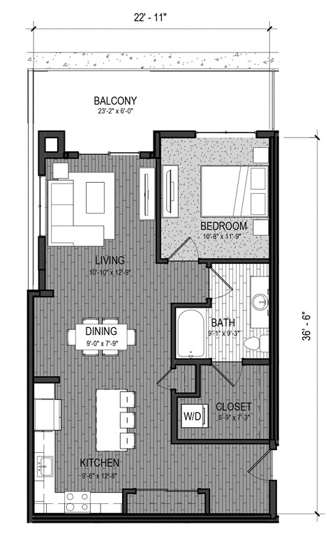 Floor plan for 1 bed, 1 bath, 794 sqft